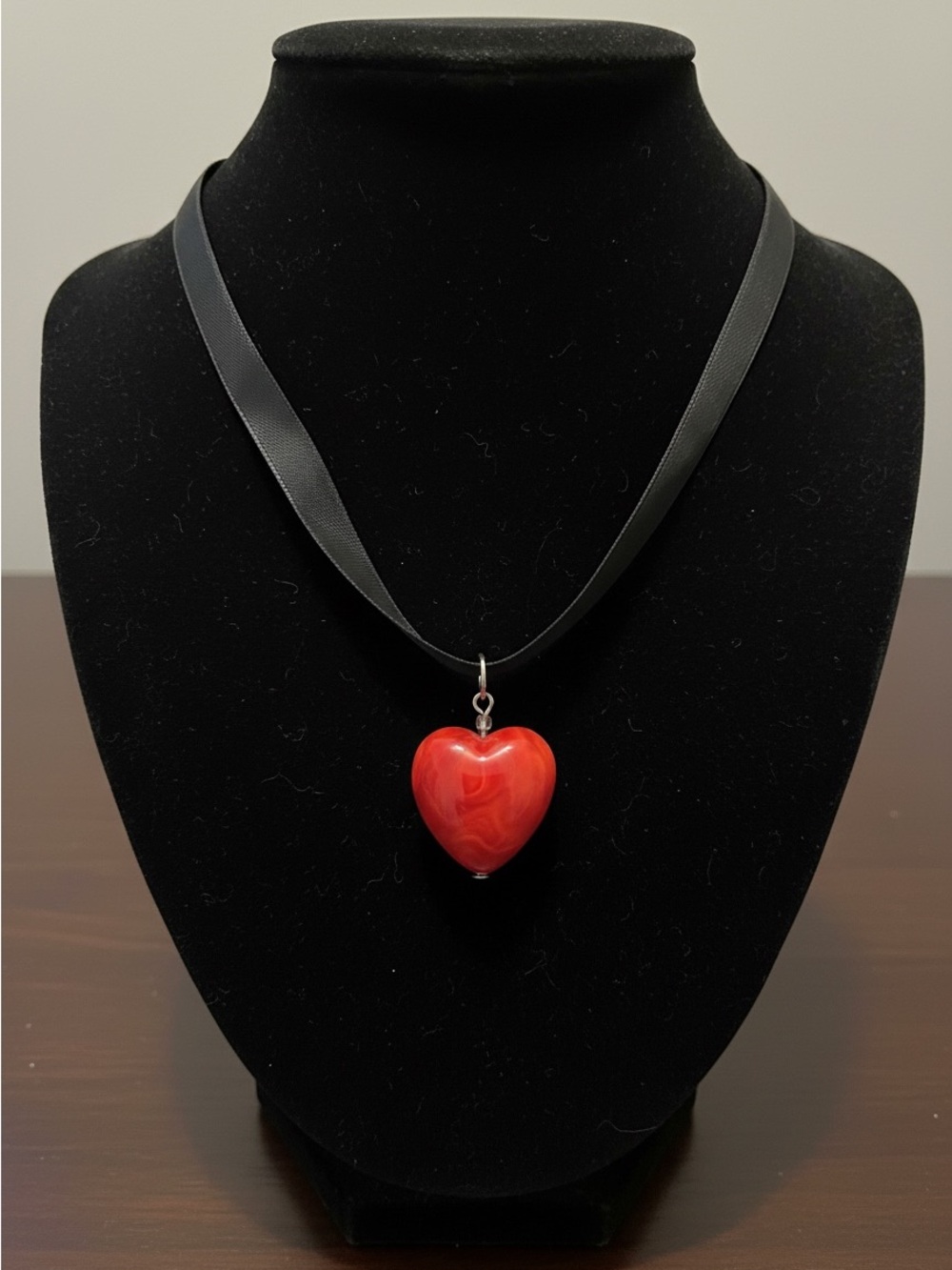 Y2K Red Glass Heart Necklace Black Ribbon Choker Goth Romantic